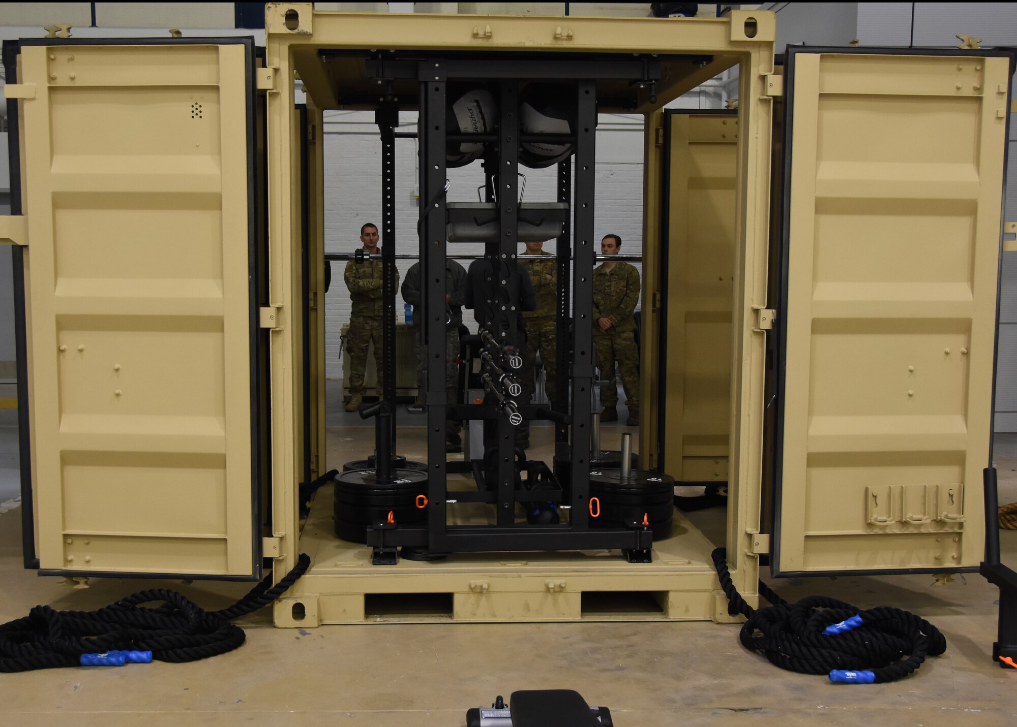 Westover Airmen get a first look at a newly purchased mobile fitness unit.