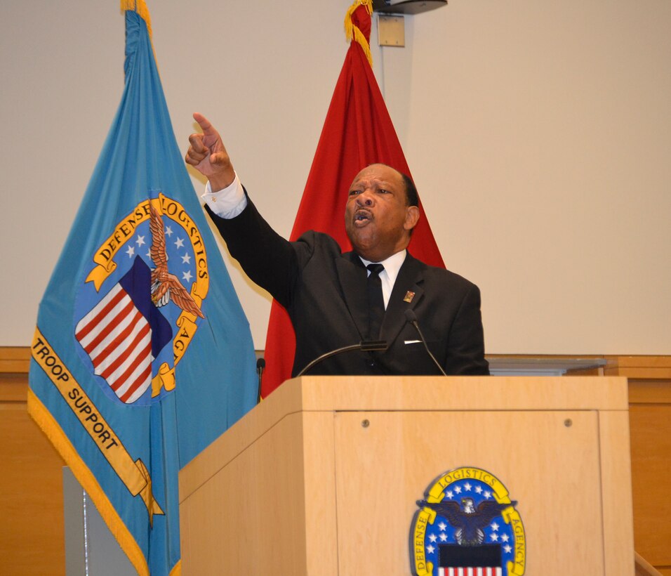 Jim Lucas recites the “I Have A Dream” speech during the DLA Troop Support and the NAVSUP Weapons Systems Support’s annual Dr. Martin Luther King, Jr. birthday observance program Jan. 23 in Philadelphia. Lucas has received acclaim across the nation for his dramatizations depicting the life and times of Dr. Martin Luther King, Jr.