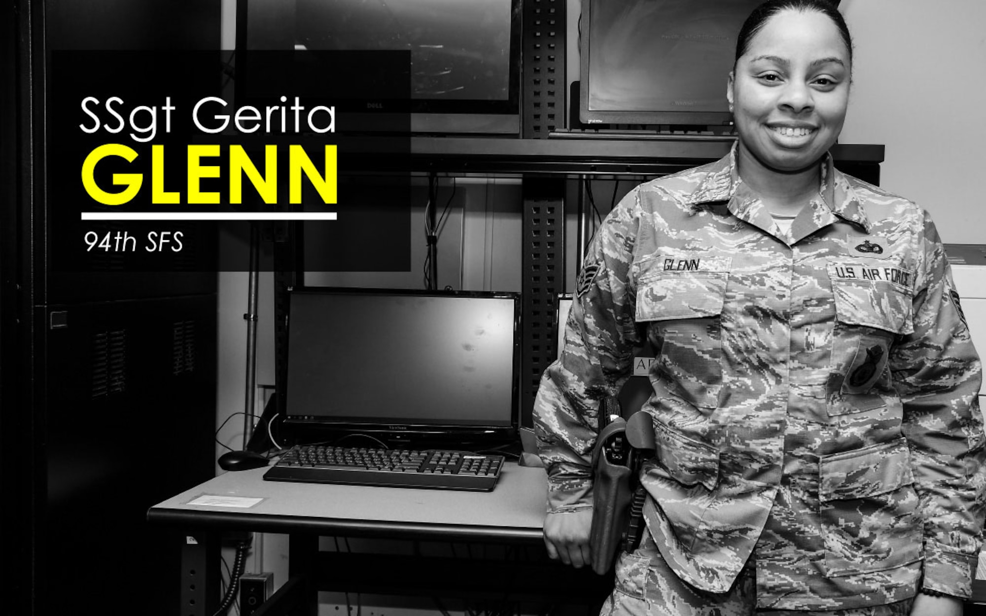 This week’s Up Close features Staff Sgt. Gerita Glenn, 94th Security Forces Squadron base defense operations controller. Up Close is a series spotlighting individuals around Dobbins Air Reserve Base. (U.S. Air Force graphic/Staff Sgt. Andrew Park)