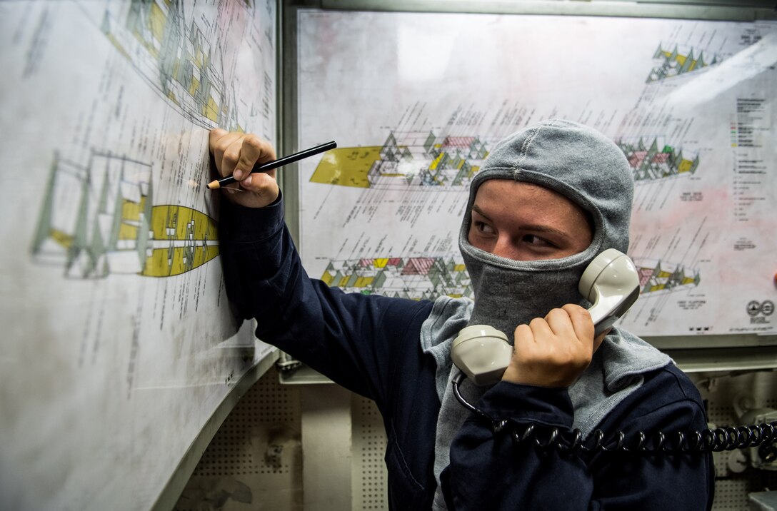 Sailor prepares to mark location of simulated casualty on damage control plates during general quarters drill aboard USS Dewey during RIMPAC exercise, July 14, 2018 (U.S. Navy/Devin M. Langer)