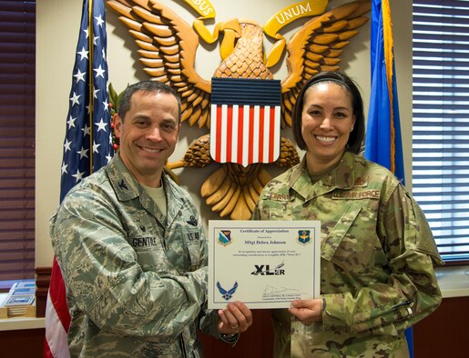 Master Sgt. Debra Johnson, 47th Logistics Readiness Flight material management and traffic management contracting officer representative, was chosen by wing leadership to be the “XLer” of the week, for the week of Jan. 14, 2019, at Laughlin Air Force Base, Texas. The “XLer” award, presented by Col. Lee Gentile, 47th Flying Training Wing commander, is given to those who consistently make outstanding contributions to their unit and the Laughlin mission.