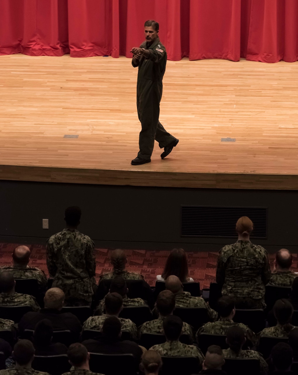YOKOSUKA, Japan (January 23, 2019) Commander, United States Pacific Fleet, Adm. John C. Aquilino, speaks with Sailors during an all-hands call at Fleet Activities Yokosuka Fleet Theater. During the all-hands call Adm. Aquilino engaged with Sailors to hear their thoughts and answer questions about his priorities in the region.