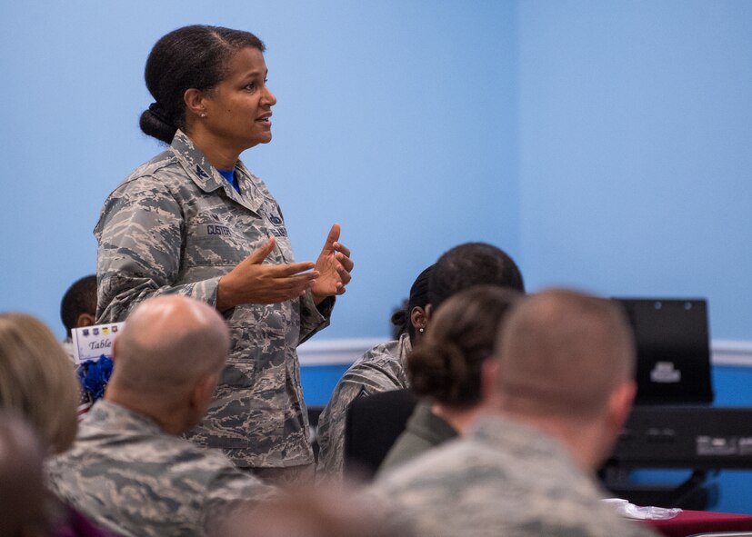 Col. Sara Custer, 2nd Mission Support Group commander, asks local civil rights pioneer, Rev. Dr. Harry Blake, how he was able to stay positive through his hardships at Barksdale Air Force Base, La., Jan. 18, 2019. Blake served with Martin Luther King Jr. in the Southern Christian Leadership Conference. (U.S. Air Force photo by Airman 1st Class Lillian Miller)