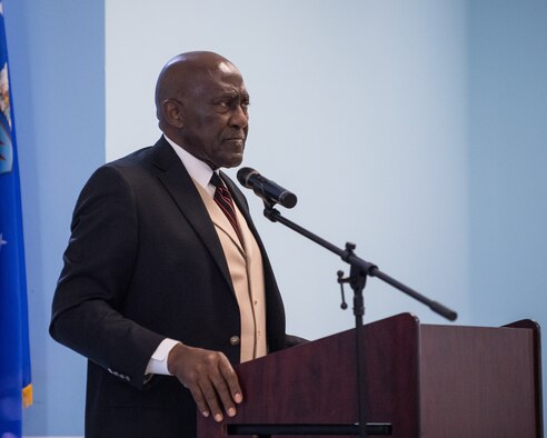 Rev. Dr. Harry Blake, local civil rights pioneer, discusses his experiences with Martin Luther King Jr., at Barksdale Air Force Base, La., Jan. 18, 2019. Blake quoted King’s words, “I decided to stick to love because hate is too much of a burden for me to bare.” (U.S. Air Force photo by Airman 1st Class Lillian Miller)