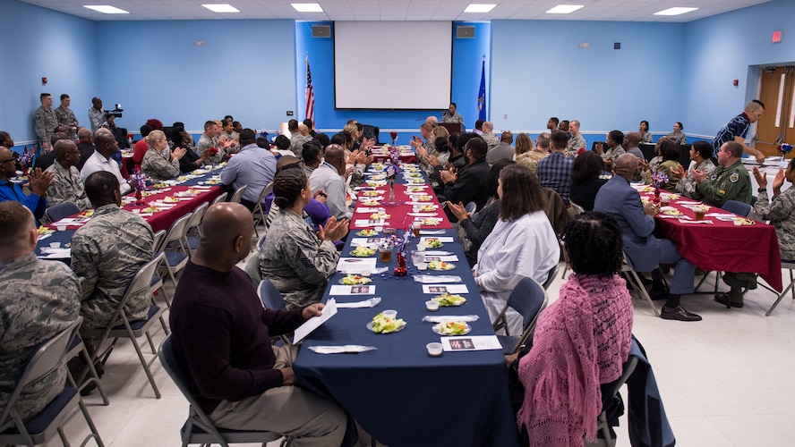 Rev. Dr. Harry Blake, local civil rights pioneer, discusses his experiences with Martin Luther King Jr., at Barksdale Air Force Base, La., Jan. 18, 2019. Blake quoted King’s words, “I decided to stick to love because hate is too much of a burden for me to bare.” (U.S. Air Force photo by Airman 1st Class Lillian Miller)