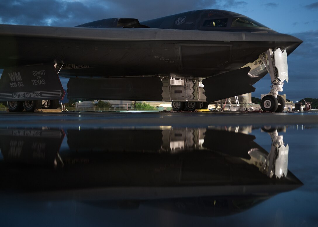 A B-2 Spirit bomber deployed from Whiteman Air Force Base, Missouri, is prepped for a training mission, at Joint Base Pearl Harbor-Hickam, Hawaii, Jan. 17, 2019.