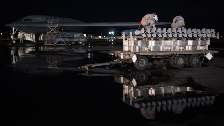 A B-2 Spirit bomber, deployed from Whiteman Air Force Base, Missouri, is prepped for a training mission at Joint Base Pearl Harbor-Hickam, Hawaii, Jan. 17, 2019.