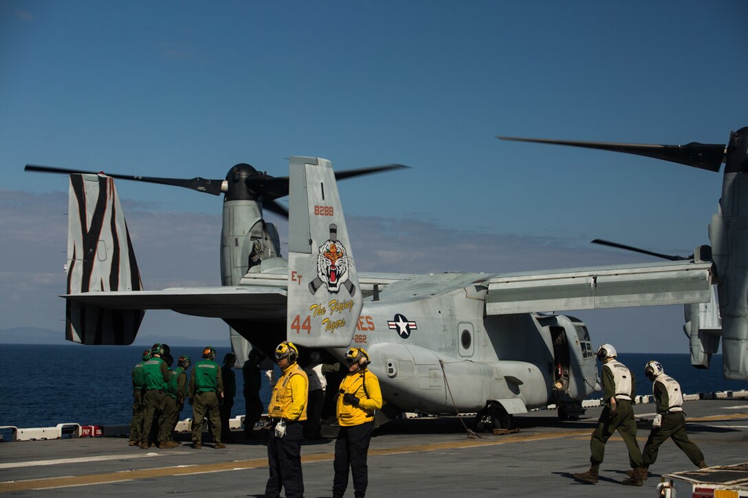 Marines with Marine Medium Tiltrotor Squadron 262 (Reinforced) unload an MV-22B Osprey tiltrotor aircraft aboard the amphibious assault ship USS Wasp (LHD-1) at sea, Jan. 19, 2019. VMM-262 (Rein.) is the Aviation Combat Element for the 31st Marine Expeditionary Unit. Its naval aviators fly the MV-22B Osprey tiltrotor aircraft, as well as a variety of other rotary and fixed-wing aircraft.  The 31st MEU, the Marine Corps’ only continuously forward-deployed MEU partnering with the Wasp Amphibious Ready Group, provides a flexible and lethal force ready to perform a wide range of military operations as the premier crisis response force in the Indo-Pacific region. (U.S. Marine Corps photo by Lance Cpl. Kyle P. Bunyi/ Released)