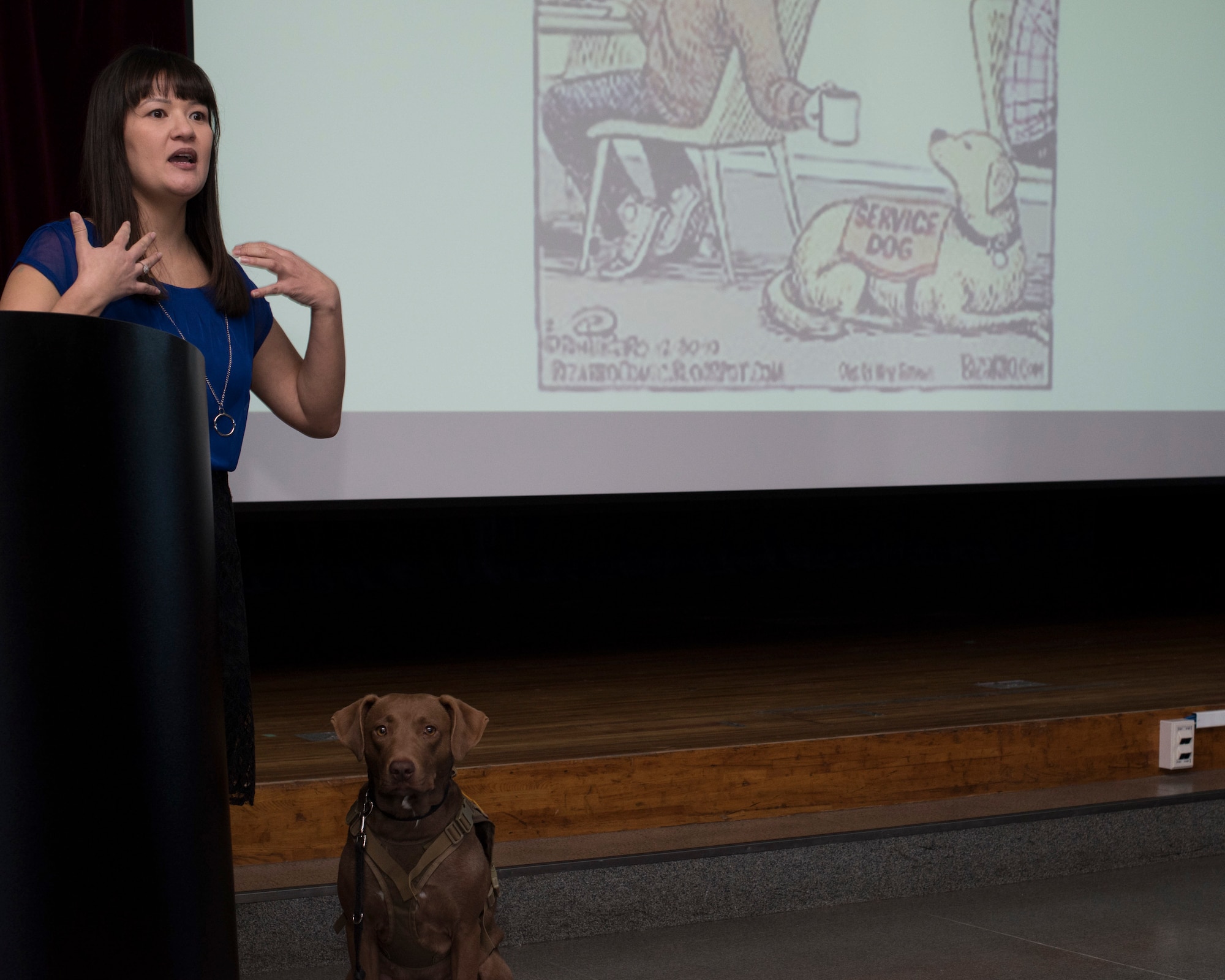Jen Wong, 374th Force Support Squadron, Exceptional Family Member Program Family support coordinator, speaks to attendees at the assistance animal’s informational workshop at Yokota Air Base, Japan, Jan.18, 2019