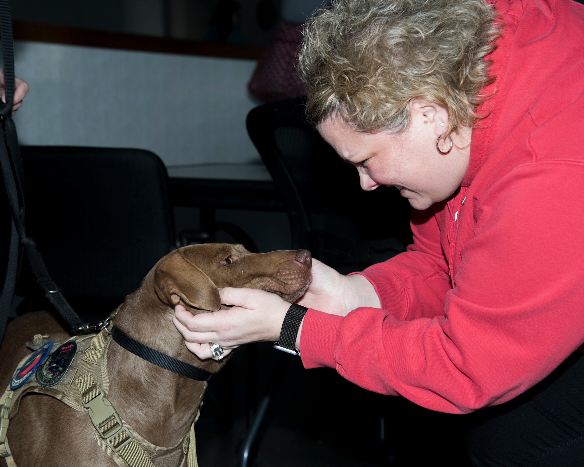 A participant greets Casey, a service dog, during the assistance animal’s informational workshop at Yokota Air Base, Japan, Jan. 18, 2019.