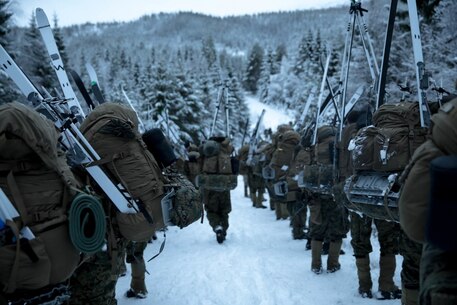 U.S. Marines with Marine Rotational Force-Europe (MRF-E) 19.1 hike during Exercise Winter Warrior in Haltdalen, Norway, Dec. 3, 2018. The three-week exercise tested the Marines’ abilities to adapt to harsh weather conditions, move across long distances in the snow and push themselves to complete the mission despite austere situations. (U.S. Marine Corps photo by Cpl. Elijah Abernathy/Released)