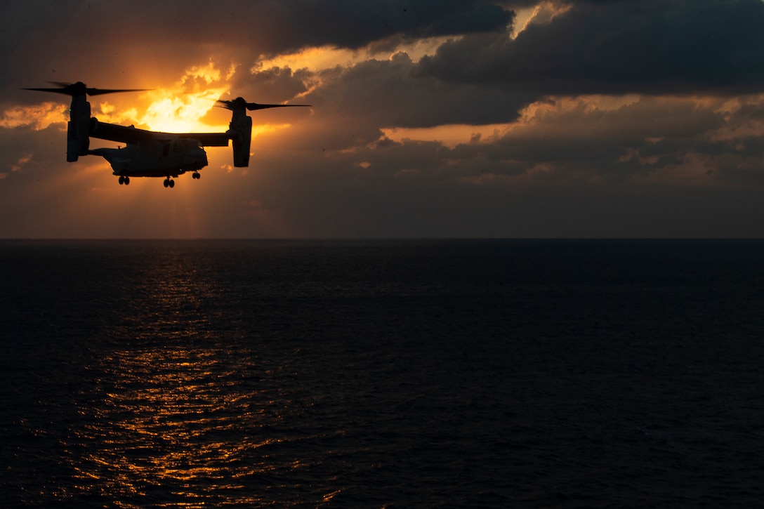 An MV-22B Osprey tiltrotor aircraft belonging to Marine Medium Tiltrotor Squadron 262 approaches the amphibious assault ship USS Wasp during flight operations underway in the Philippine Sea, Jan. 23, 2019. Naval aviators with VMM-262, the tiltrotor component of the 31st Marine Expeditionary Unit's Aviation Combat Element, perform a wide variety of aviation missions for the 31st MEU, including troop transport, heavy and medium lift, fixed-wing attack support and aerial reconnaissance. The 31st MEU, the Marine Corps’ only continuously forward-deployed MEU partnering with the Wasp Amphibious Ready Group, provides a flexible and lethal force ready to perform a wide range of military operations as the premier crisis response force in the Indo-Pacific region.