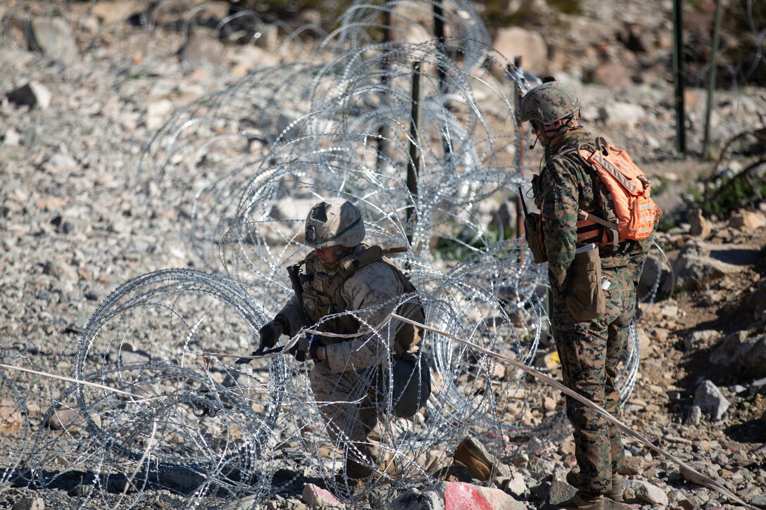A U.S. Marine with Suicide Charley Company, 1st Battalion, 7th Marine Regiment, Marine Air-Ground Task Force-6 breaches through barbed wire during Integrated Training Exercise 2-19 on Range 410A at Marine Corps Air-Ground Combat Center Twentynine Palms, Calif., Jan. 22, 2019. ITX creates a challenging, realistic training environment that produces combat-ready forces capable of operating as an integrated MAGTF. (U.S. Marine Corps photo by Sgt. Victor A. Mancilla)