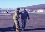 Air Force Maj. Gen. Anthony Carrelli, Pennsylvania’s adjutant general, greets Lt. Gen. Timothy J. Kadavy, director of the Army National Guard, prior to an After Action Review of the 56th Stryker Brigade Combat Team, 28th Infantry Division, Pennsylvania Army National Guard’s rotation last summer at the National Training Center, Fort Irwin, Calif., Jan. 22, 2019.