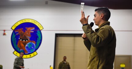 Airman 1st Class Mathew McEneany, 628th Logistics Readiness Squadron supply journeyman, briefs deploying personnel during a pre-deployment function line exercise Jan. 23, 2019, at Joint Base Charleston, S.C.