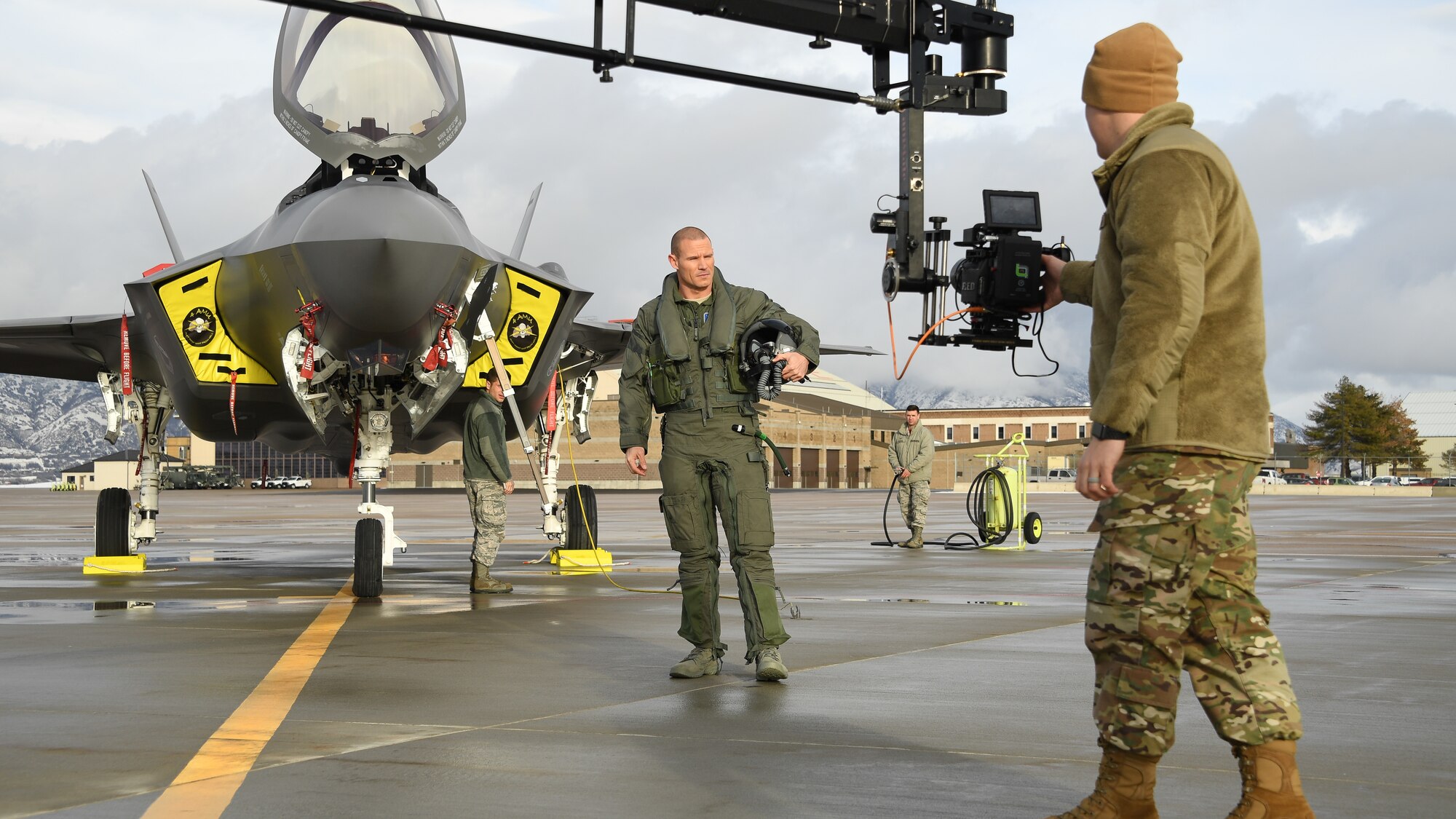 Actor Jonathan Camp known for StartUp, Six, and American Fright Fest during the filming of a public service announcement Jan. 18, 2019, at Hill Air Force Base, Utah. Camp along with Dave Kiley from the television show Diesel Brothers on Discovery Channel will appear in two Air Force ads to promote resilience through mental health, alcohol and drug abuse prevention and treatment, sexual assault prevention and response, family advocacy, and employee assistance. (U.S. Air Force photo by R. Nial Bradshaw)