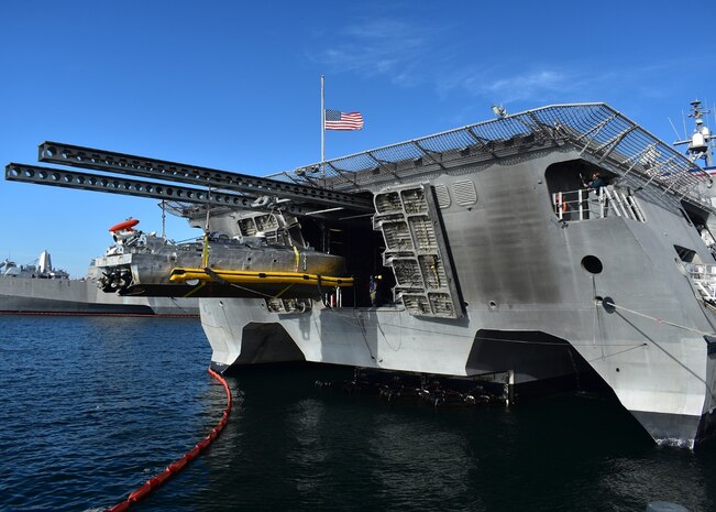 Testing of the Unmanned Influence Sweep System off littoral combat ship USS Independence (LCS 2) in San Diego.