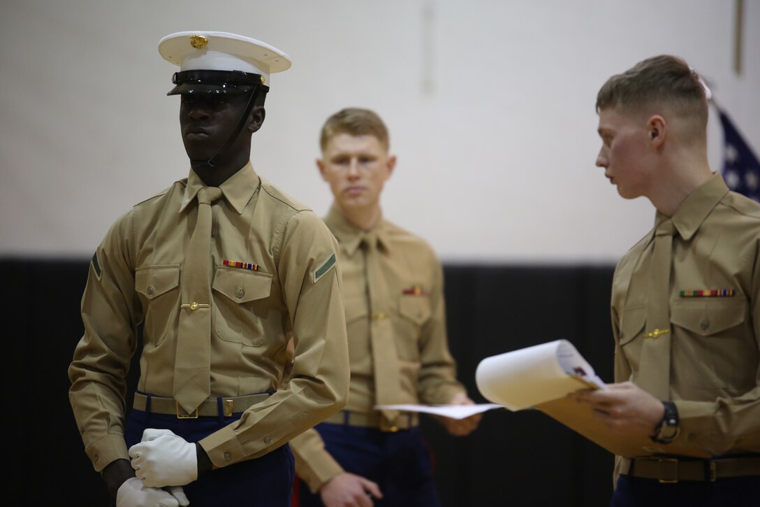 Marines with the U.S. Marine Corps Color Guard conducted Commandant's Four try outs at Marine Barracks Washington, Jan. 24, 2018. The Commandant’s Four, selected and appointed by the Commanding Officer of Marine Barracks Washington D.C., is the official Color Guard entity for the Marine Corps and marches in high-visibility ceremonies across the nation.