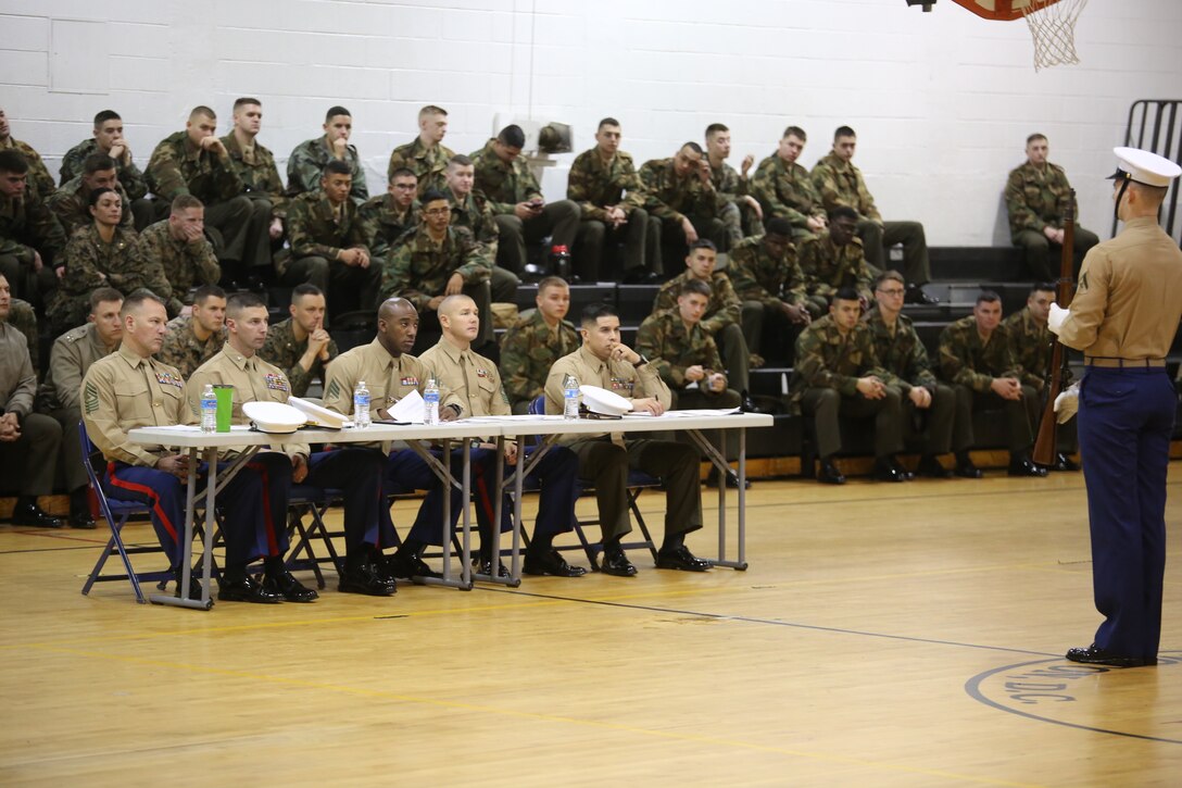 Marines with the U.S. Marine Corps Color Guard conducted Commandant's Four try outs at Marine Barracks Washington, Jan. 24, 2018. The Commandant’s Four, selected and appointed by the Commanding Officer of Marine Barracks Washington D.C., is the official Color Guard entity for the Marine Corps and marches in high-visibility ceremonies across the nation.