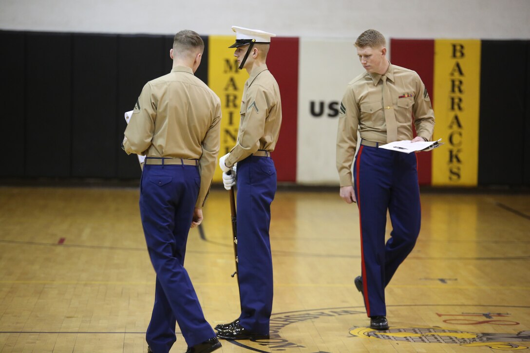 Marines with the U.S. Marine Corps Color Guard conducted Commandant's Four try outs at Marine Barracks Washington, Jan. 24, 2018. The Commandant’s Four, selected and appointed by the Commanding Officer of Marine Barracks Washington D.C., is the official Color Guard entity for the Marine Corps and marches in high-visibility ceremonies across the nation.