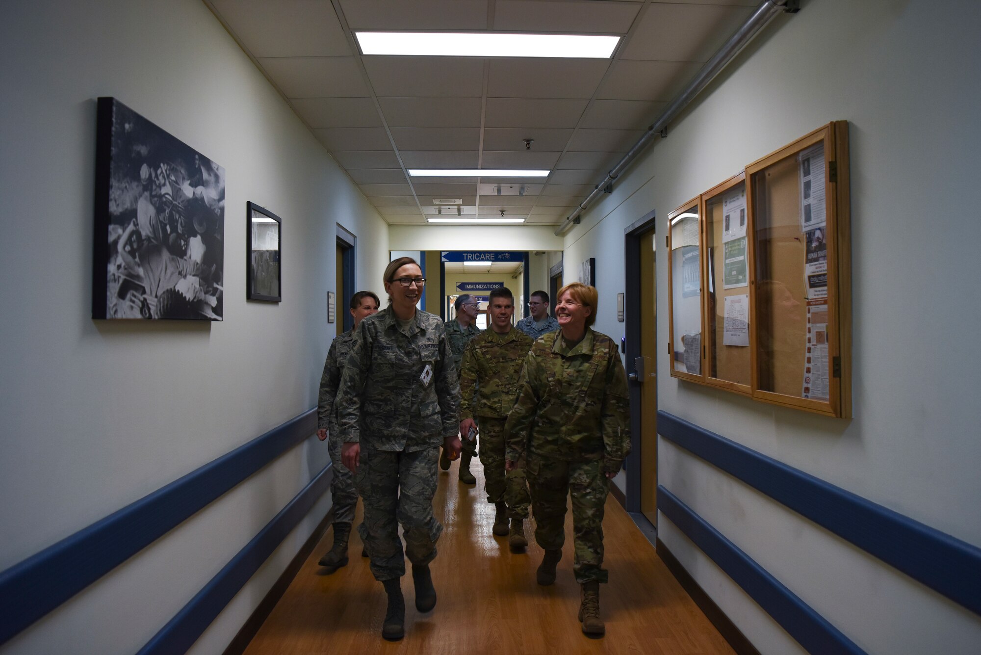 U.S. Air Force Brig. Gen. (Dr.) Sharon Bannister, Defense Health Agency education and training deputy assistant director and Assistant Surgeon General for Dental Services, walks with Senior Airman Wendy Updegrave, an 8th Medical Operations Squadron family health technician, during her visit to Kunsan Air Base, Republic of Korea, Jan. 23, 2019. Gen. Bannister toured the 8th MDG sharing her priorities and learning how the Wolf Pack ensures force readiness. (U.S. Air Force Photo by Senior Airman Savannah Waters)