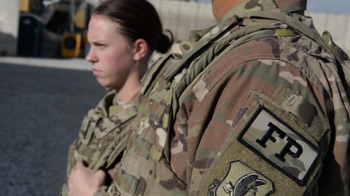 U.S. Air Force Airmen assigned to the 455th Air Expeditionary Wing at Bagram Airfield, Afghanistan wait to escort Local Nationals onto the base Nov. 24, 2018.