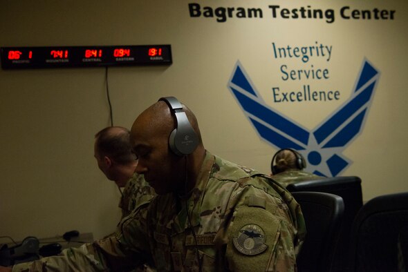 Airmen from the 455th Expeditionary Force Support Squadron ensure the testing center is up and running at Bagram Airfield, Afghanistan, Jan. 23, 2019.