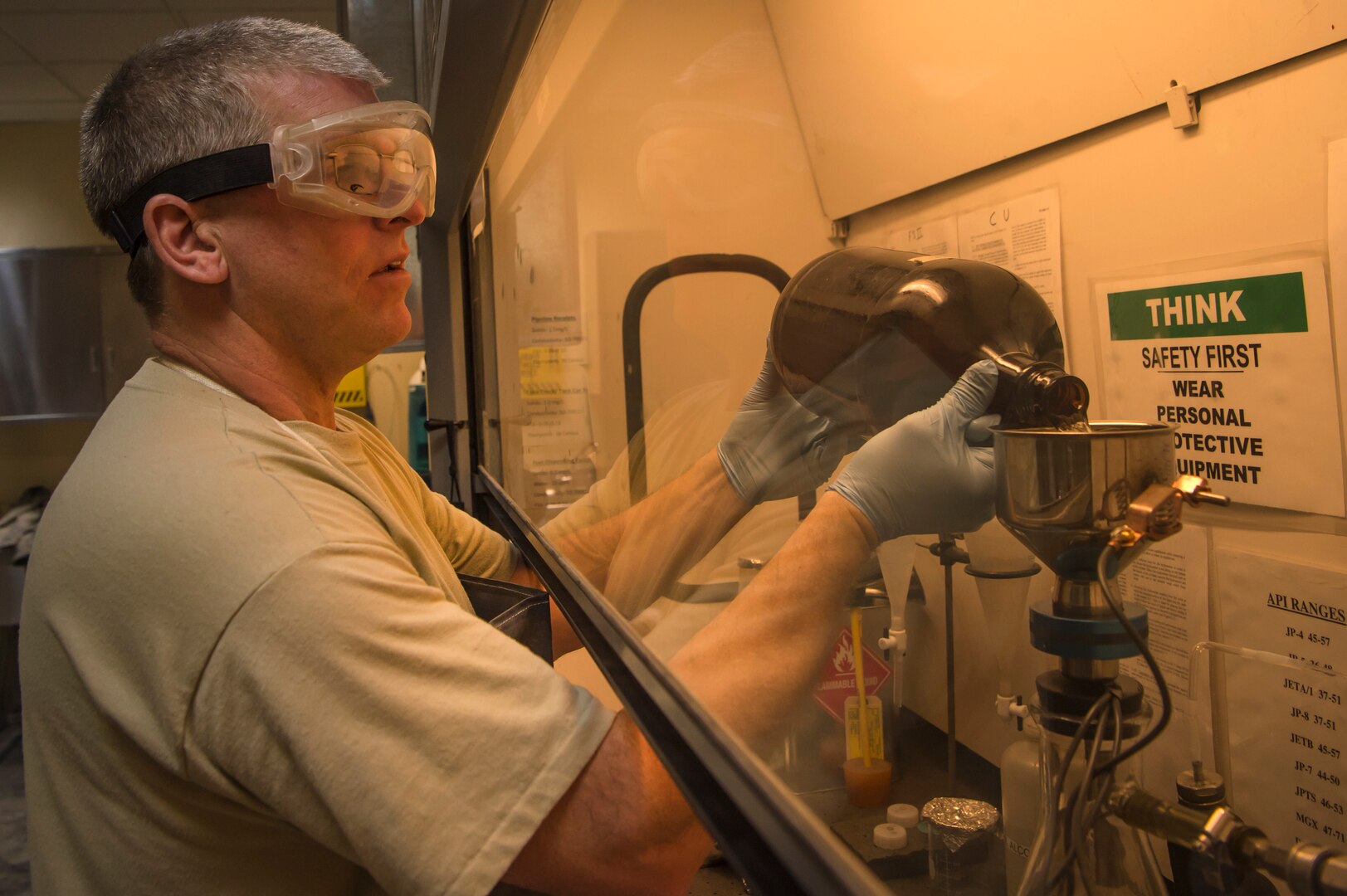 Tech. Sgt. Steven Jenkins, 379th Expeditionary Logistics Readiness Squadron fuels lab NCO in charge, performs a ‘bottle method’ during fuel testing Jan. 24, 2019, at Al Udeid Air Base, Qatar. As part of his job, Jenkins analyzes various fuel types including gasoline, diesel fuel and Jet Propellant 8, to ensure they are free of contaminants before use in aircraft and vehicles. Airmen from the 379th ELRS fuel lab retrieve samples for testing from various sources including pipelines, trucks and fuel tanks.   (U.S. Air Force photo by Tech. Sgt. Christopher Hubenthal)