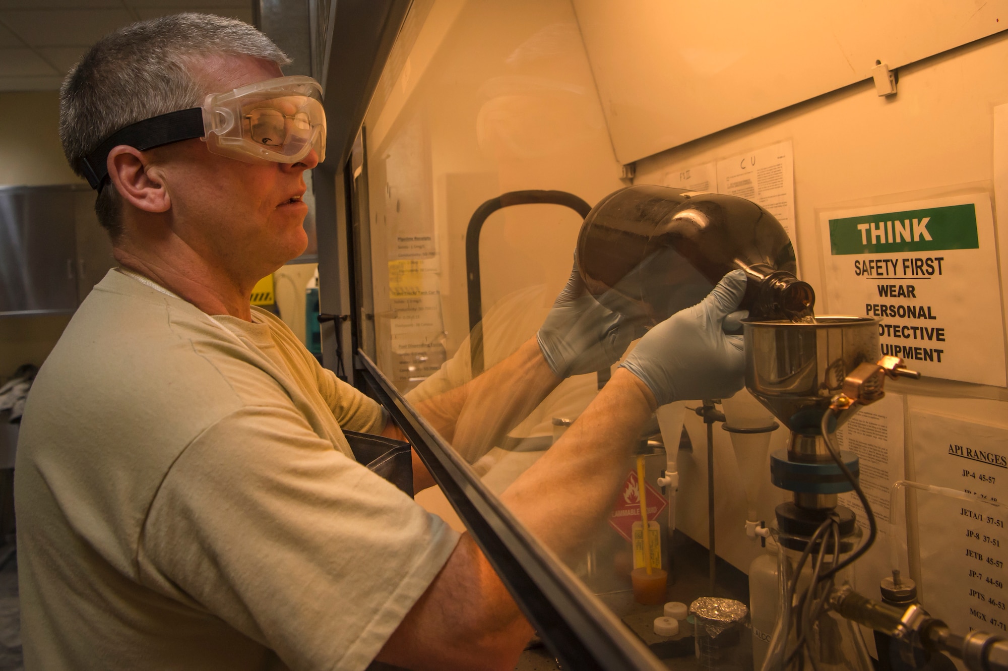 Tech. Sgt. Steven Jenkins, 379th Expeditionary Logistics Readiness Squadron fuels lab NCO in charge, performs a ‘bottle method’ during fuel testing Jan. 24, 2019, at Al Udeid Air Base, Qatar. As part of his job, Jenkins analyzes various fuel types including gasoline, diesel fuel and Jet Propellant 8, to ensure they are free of contaminants before use in aircraft and vehicles. Airmen from the 379th ELRS fuel lab retrieve samples for testing from various sources including pipelines, trucks and fuel tanks.   (U.S. Air Force photo by Tech. Sgt. Christopher Hubenthal)