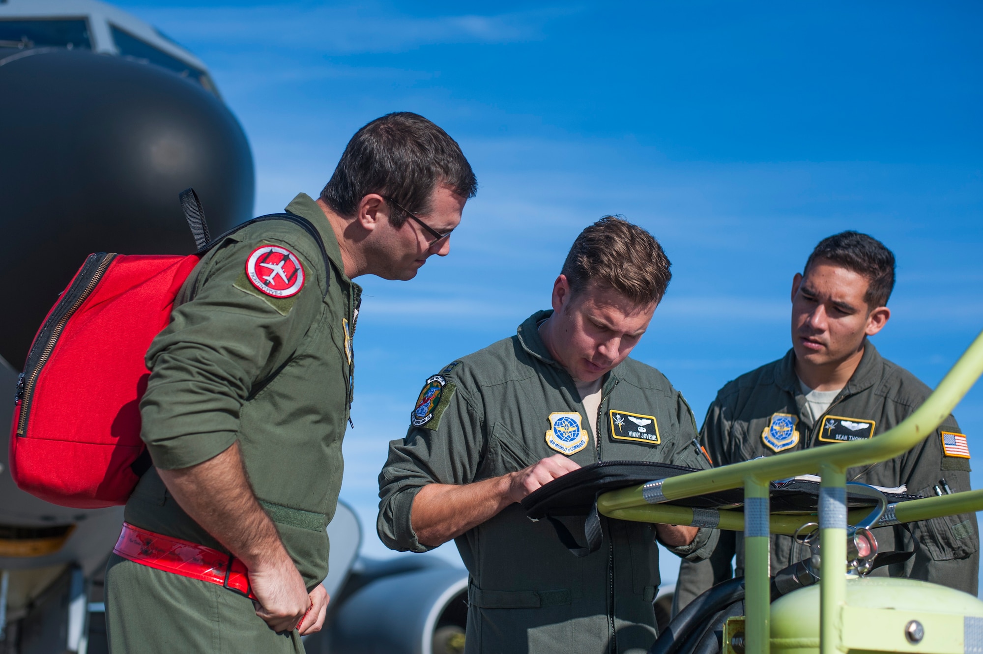 Aircrew members assigned to the 6th Air Mobility Wing go over their pre-flight checklist before a refueling mission supporting Exercise Emerald Warrior, Jan. 17, 2019 at MacDill Air Force Base, Fla.