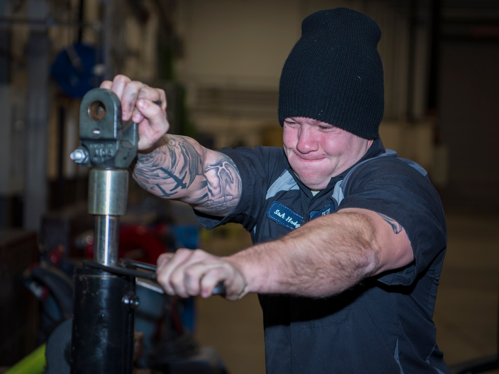 Senior Airman Luke Hodge, 375th Logistics Readiness Squadron vehicle maintenance journeyman, rebuilds a hydraulic tilt cylinder to be used for a Munitions Flight forklift at Scott Air Force Base, Illinois, Jan. 10, 2019. All the hydraulic functions need to be operable to ensure the forklift can tilt the mast backwards and forwards without letting ammunition and explosives fall while transporting the load.