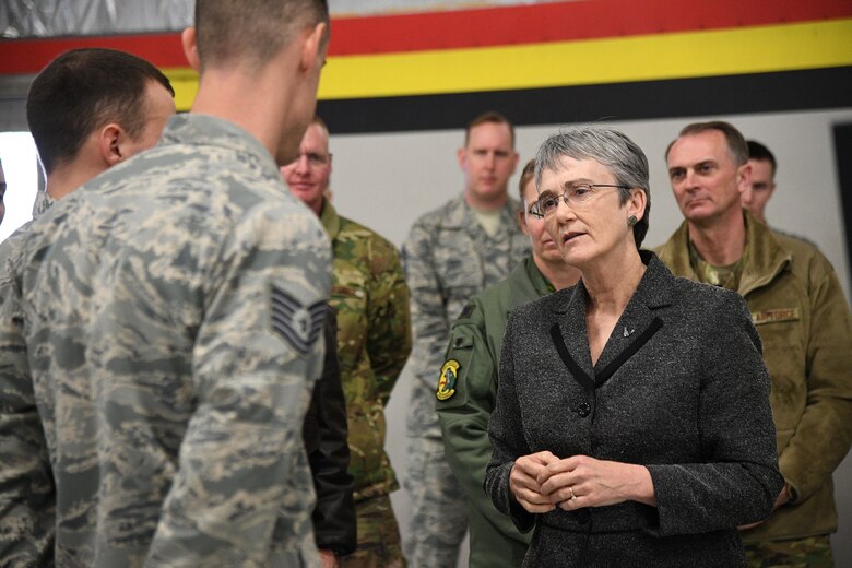 Air Force Secretary Heather Wilson receives a briefing about the F-35A Lightning II during a base visit, Jan. 23, 2019, at Hill Air Force Base, Utah. Hill AFB is slated to be home to three F-35 fighter squadrons with a total of 78 aircraft by the end of 2019. The active-duty 388th Fighter Wing and Air Force Reserve 419th Fighter Wing are the service’s first combat-capable F-35 units and will be home to three F-35 fighter squadrons, totaling of 78 aircraft by the end of 2019. (U.S. Air Force photo by R. Nial Bradshaw)