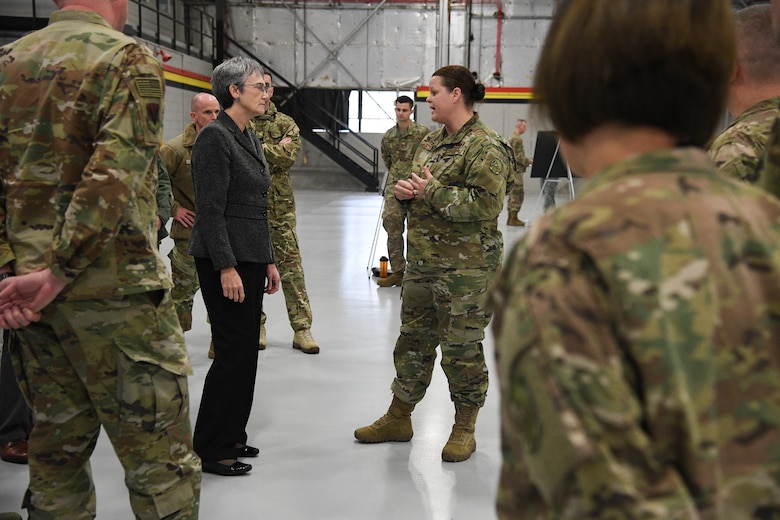 Air Force Secretary Heather Wilson receives a briefing about the F-35A Lightning II during a base visit, Jan. 23, 2019, at Hill Air Force Base, Utah. Hill AFB is slated to be home to three F-35 fighter squadrons with a total of 78 aircraft by the end of 2019. The active-duty 388th Fighter Wing and Air Force Reserve 419th Fighter Wing are the service’s first combat-capable F-35 units and will be home to three F-35 fighter squadrons, totaling of 78 aircraft by the end of 2019. (U.S. Air Force photo by R. Nial Bradshaw)