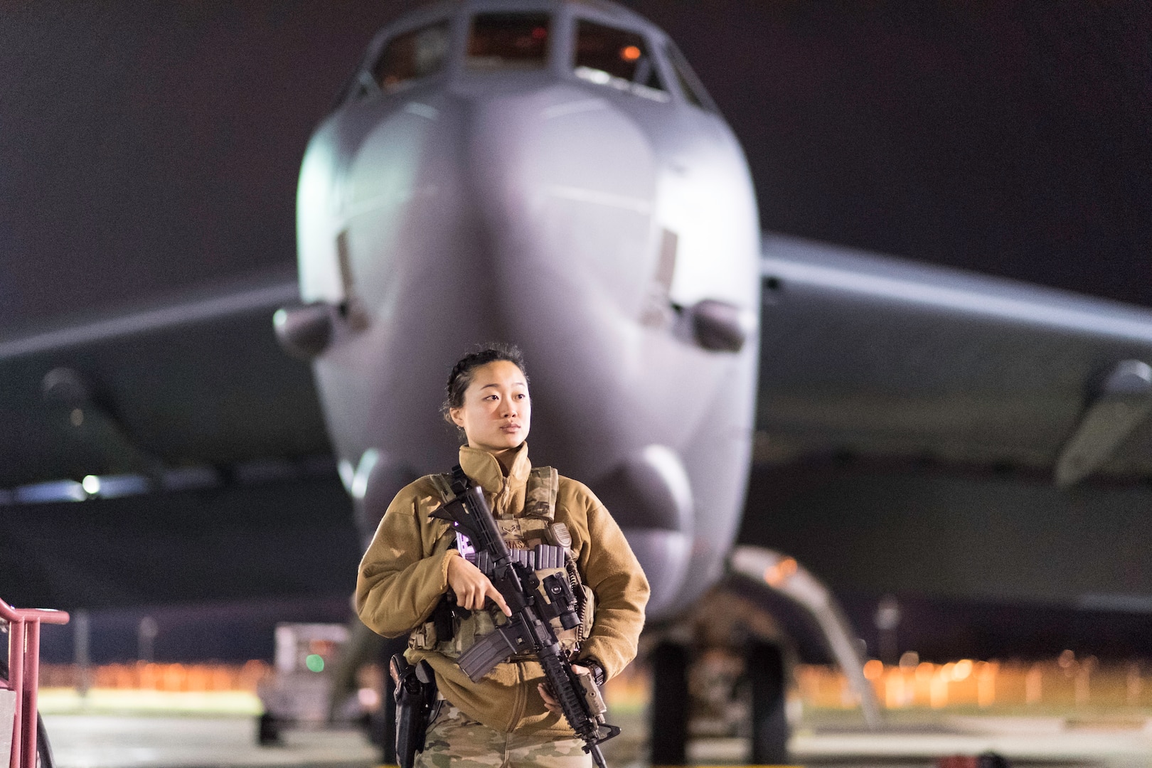 Airman guards B-52 Stratofortress during U.S. Strategic Command exercise Global Thunder 2019 at Barksdale Air Force Base, Louisiana, November 2, 2018 (U.S. Air Force/Mozer Da Cunha)