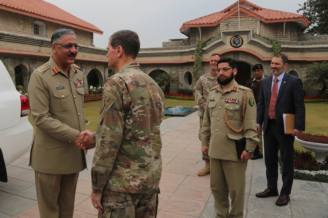 U.S. Army Gen. Joseph Votel, U.S. Central Command commander, meets with General Zubair Mahmood Hayat NI,16th Chairman Joint Chiefs of Staff Committee, Jan. 20, 2019. This meeting allowed Votel to help discuss solutions against ISIS and to gain a better understanding of current operations within Afghanistan. ( U.S. Army photo by Sgt. Franklin Moore)