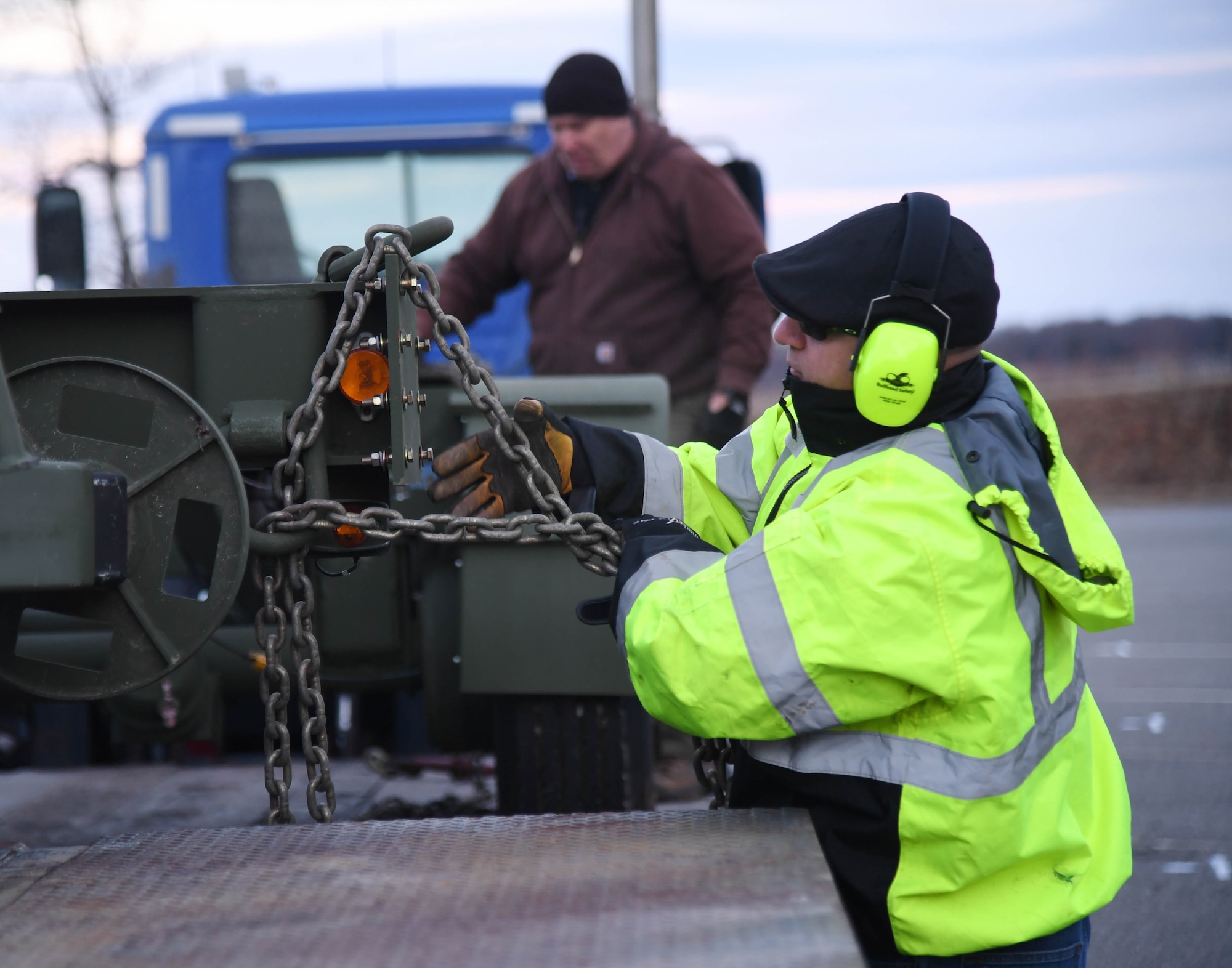 Artan Jani, 66th Logistics Readiness Squadron fuels distribution system operator, unloads a testing trailer Jan. 10 at Hanscom Air Force Base, Mass. (U.S. Air Force photo by Linda LaBonte Britt)