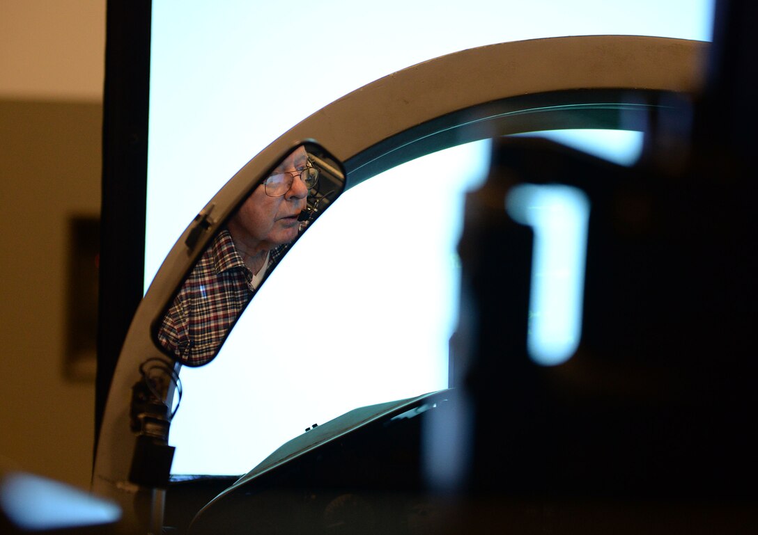 Retired Lt. Col. James Cole, former T-38 Talon pilot and Columbus, Mississippi native, operates a T-38 Talon simulator Jan. 16, 2019, at the 14th Operations Group on Columbus Air Force Base. Although retired, Cole still has a passion for flying and aviation. (U.S. Air Force photo by Airman Hannah Bean)