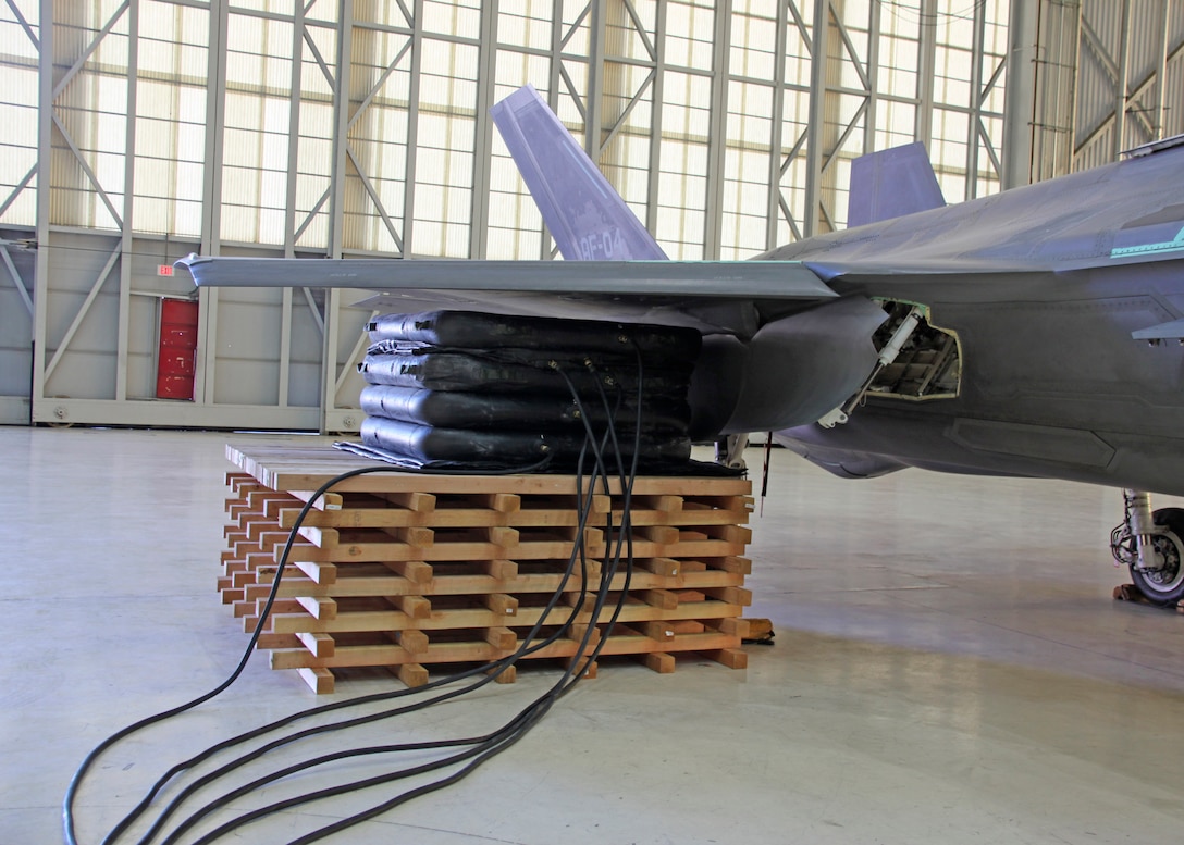 Airbags placed underneath an F-35 wing is one of the methods a test team verified to recover a crashed or disabled F-35 Dec. 12, 2018. (Courtesy photo)