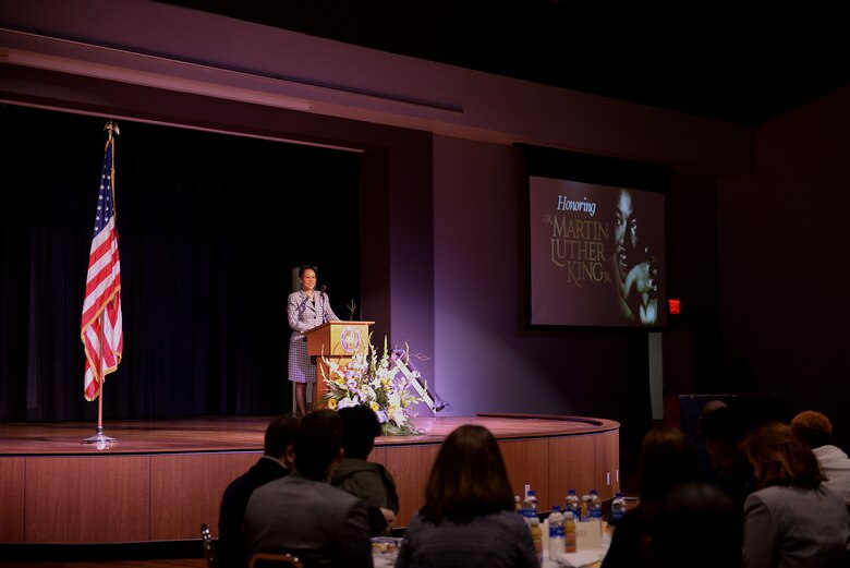 Dr. Rita Felton, retired command chief master sergeant of the 14th Flying Training Wing, speaks during the MLK Commemoration Breakfast Jan. 21, 2019, at the Trotter Convention Center in Columbus, Mississippi. Felton spoke about the legacy and influence Martin Luther King Jr. left behind years later after his devotion in the civil rights movement. (U.S. Air Force photo by Airman Hannah Bean)