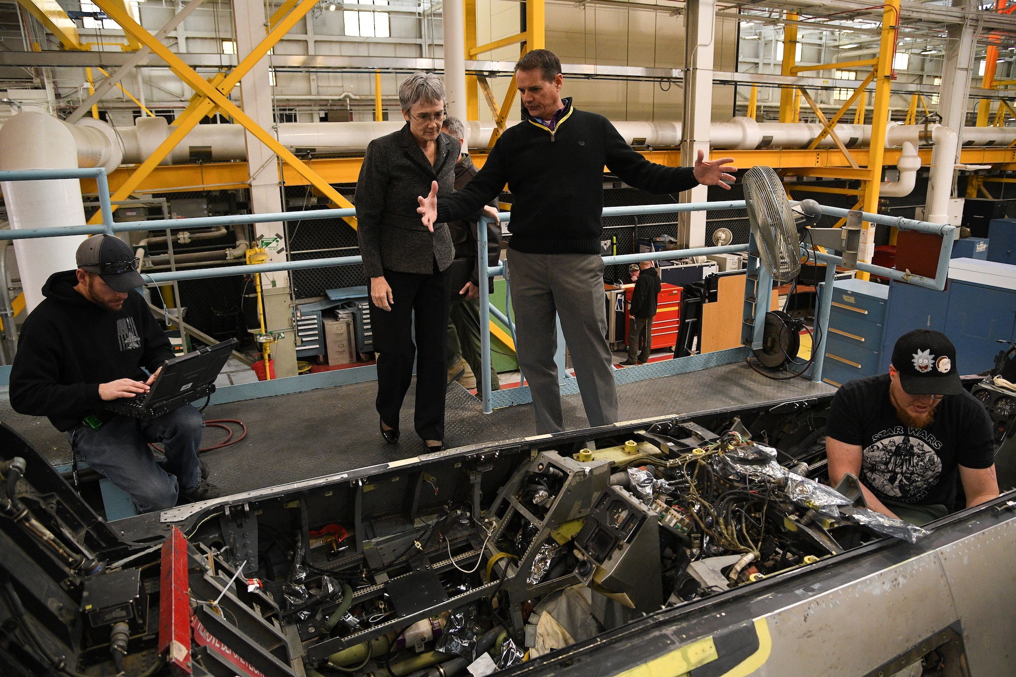 Joe Gardenhour, 573rd Aircraft Maintenance Squadron director, briefs Air Force Secretary Heather Wilson about F-16 depot maintenance during a base visit, Jan. 23, 2019, at Hill Air Force Base, Utah. The 573rd AMXS is part of the Ogden Air Logistics Complex at Hill AFB, which is responsible for depot maintenance, repair, overhaul and modification of the A-10, C-130, T-38, F-16, F-22, F-35 and the Minuteman III Intercontinental Ballistic Missile system. (U.S. Air Force photo by R. Nial Bradshaw)