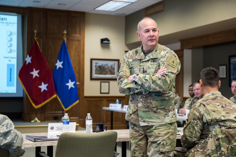 Lt. Gen. Timothy J. Kadavy, Director of the Army National Guard, attends an After Action Review of the 56th Stryker Brigade Combat Team, 28th Infantry Division, Pennsylvania Army National Guard’s rotation last summer at the National Training Center, Fort Irwin, Calif. Jan. 22.