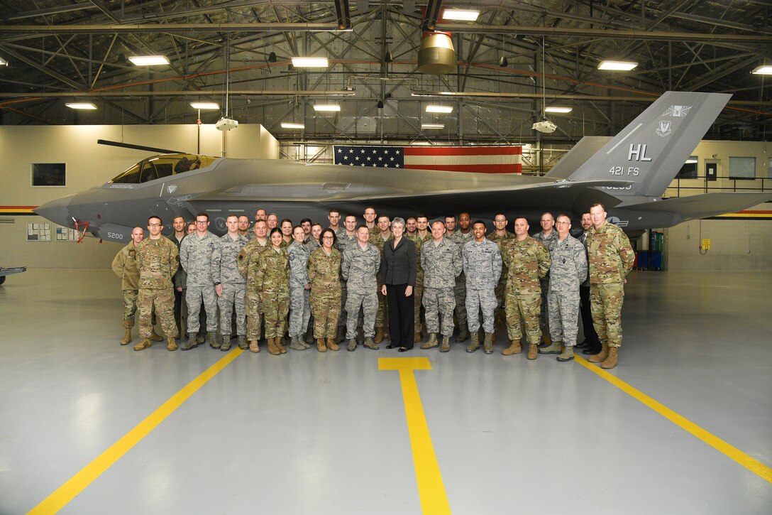 Airmen from active-duty 388th Fighter Wing and Air Force Reserve 419th Fighter Wing during a base visit with Air Force Secretary Heather Wilson, Jan. 23, 2019, at Hill Air Force Base, Utah. Hill AFB will be home to three F-35 fighter squadrons with a total of 78 aircraft by the end of 2019. The active-duty 388th Fighter Wing and Air Force Reserve 419th Fighter Wing are the service’s first combat-capable F-35 units and slated to be home to three F-35 fighter squadrons, totaling of 78 aircraft by the end of 2019. (U.S. Air Force photo by R. Nial Bradshaw)