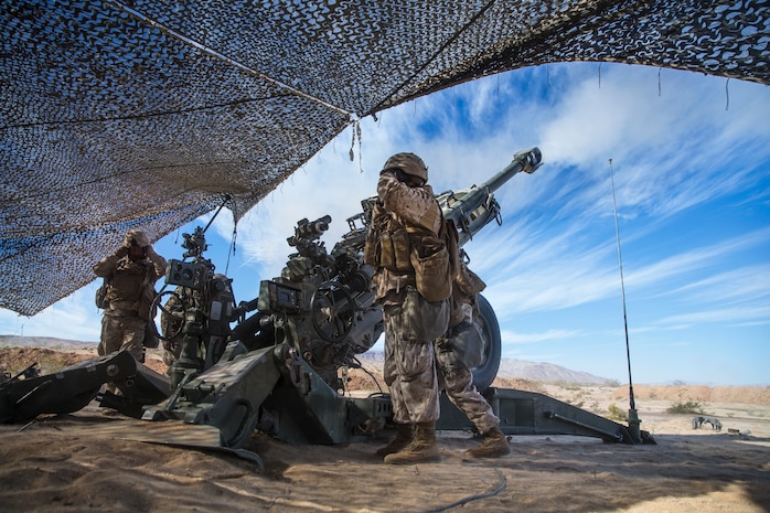 U.S. Marines with India Battery, 3rd Battalion, 11th Marine Regiment, 1st Marine Division, fire a M777 Howitzer, during exercise Steel Knight (SK) 2019 at Marine Corps Air Ground Combat Center, Twentynine Palms, California, Dec. 4, 2018.