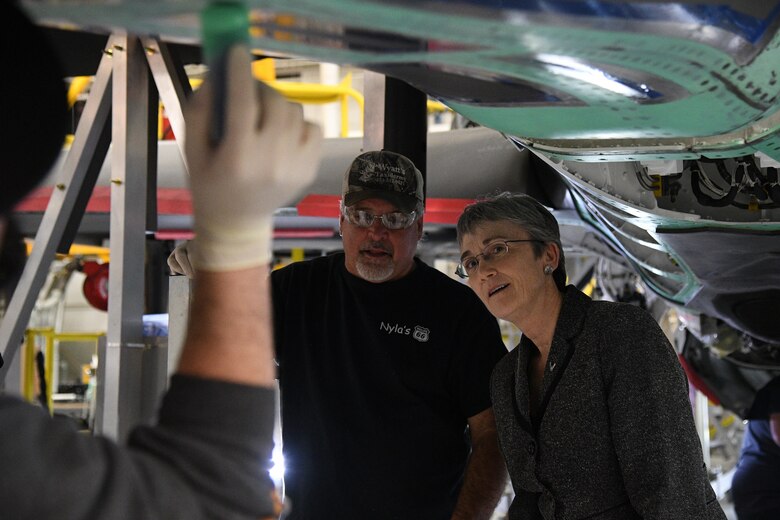 Jeff Pierce, 570th Aircraft Maintenance Squadron maintainer, briefs Air Force Secretary Heather Wilson about F-35 depot maintenance during a base visit Jan. 23, 2019, at Hill Air Force Base, Utah. The 570th AMXS is part of the Ogden Air Logistics Complex at Hill AFB, which is responsible for depot maintenance, repair, overhaul and modification of the A-10, C-130, T-38, F-16, F-22, F-35 and the Minuteman III Intercontinental Ballistic Missile system. (U.S. Air Force photo by R. Nial Bradshaw)