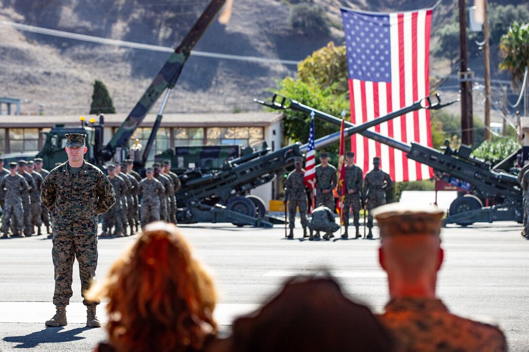 U.S. Marines with 2nd Battalion, 11th Marine Regiment, attend their centennial ceremony at Marine Corps Base Camp Pendleton, California, Nov 15, 2018