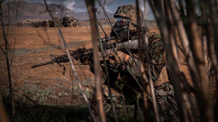 A U.S. Marine with 2nd Battalion, 11th Marine Regiment, 1st Marine Division posts security during exercise Steel Knight (SK) 2019 at Marine Corps Base Camp Pendleton, California, Dec. 2, 2018.