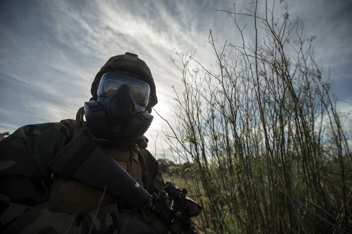 U.S. Marine Corps Lance Cpl. Corey Hodge, a fire control man with 2nd Battalion, 11th Marine Regiment, 1st Marine Division, posts security during exercise Steel Knight (SK) 2019 at Marine Corps Base Camp Pendleton, California, Dec. 2, 2018