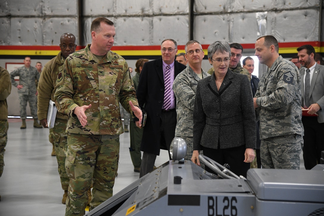Colonel Mike Miles, 388 th Maintenance Group commander, briefs Air Force Secretary Heather Wilson during a base visit, Jan. 23, 2019, at Hill Air Force Base, Utah. Hill AFB is slated to be home to three F-35 fighter squadrons with a total of 78 aircraft by the end of 2019. The active-duty 388th Fighter Wing and Air Force Reserve 419th Fighter Wing are the service’s first combat-capable F-35 units and will be home to three F-35 fighter squadrons, totaling of 78 aircraft by the end of 2019. (U.S. Air Force photo by R. Nial Bradshaw)