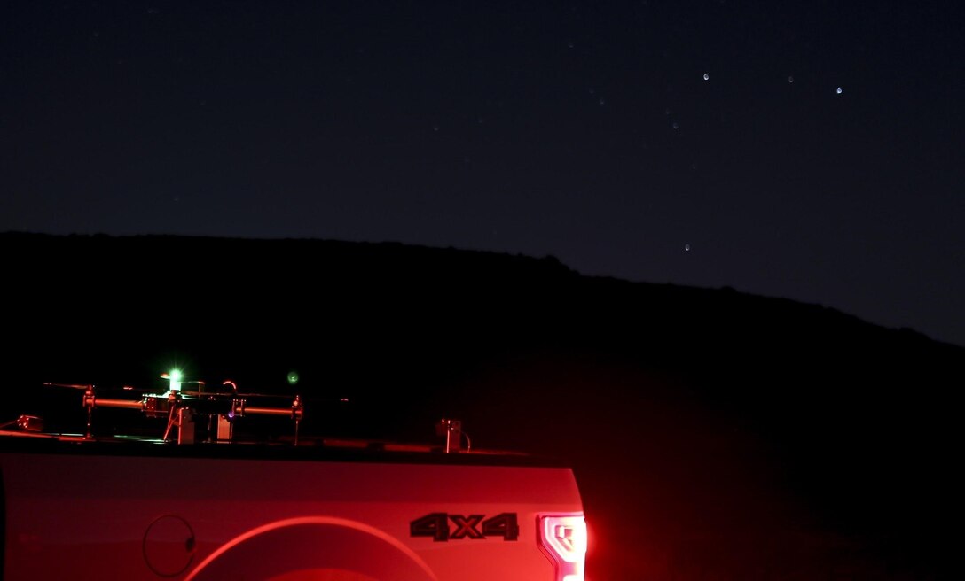 Marine Corps Air Station Miramar and Planck Aerosystems tested the Shearwater drone capabilities during night time operations on East MCAS Miramar, Calif., Jan. 24. As an autonomous systems testbed, MCAS Miramar hosted the Shearwater drone system, which is capable of landing on moving vehicles and is primarily used to assist in security, search and rescue, convoy support and special operations by providing live aerial surveillance to the user. (U.S. Marine Corps Photo by Sgt. Sarah Ralph)