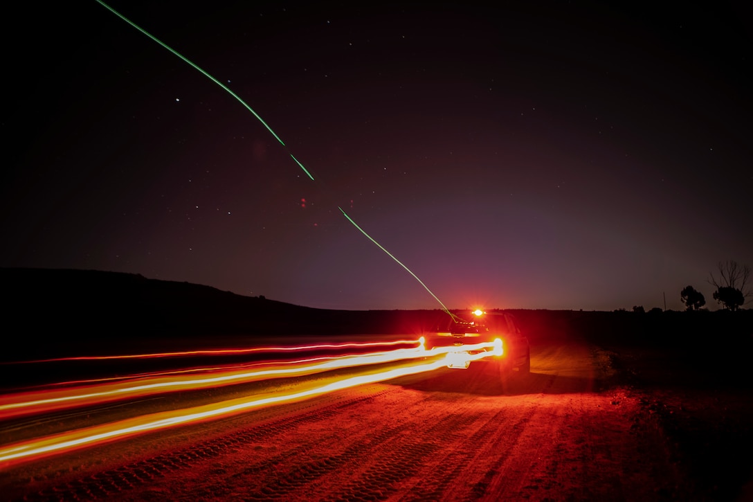 Planck Aerosystems key leaders land a Shearwater drone on a moving truck to test its capabilities during night time operations on East MCAS Miramar, Calif., Jan. 24. As an autonomous systems testbed, MCAS Miramar hosted the Shearwater drone system, which is capable of landing on moving vehicles and is primarily used to assist in security, search and rescue, convoy support and special operations by providing live aerial surveillance to the user. (U.S. Marine Corps Photo by Sgt. Jake McClung)